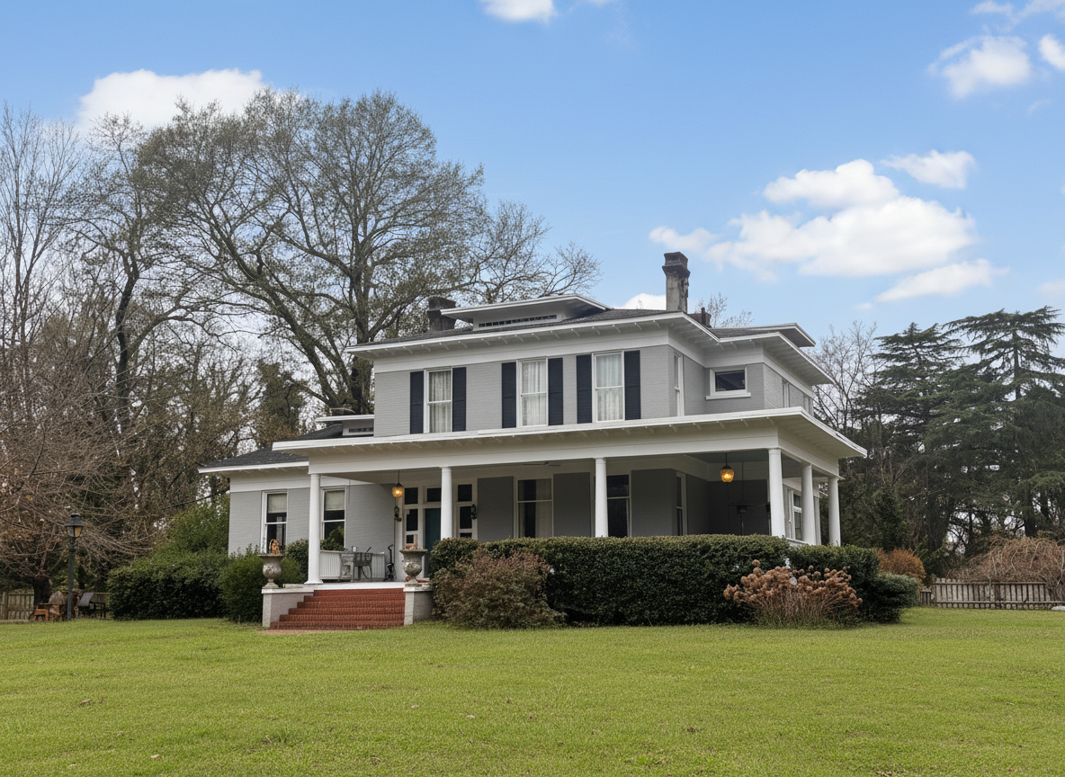 The Franklin House historic exterior with wraparound porch and blue shutters